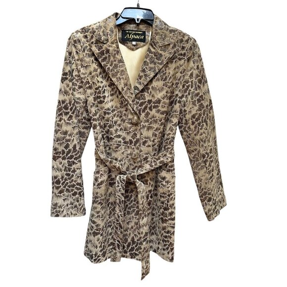 Alpaca Trench Coat Animal Print Vegan Leather Belted Waist Mob Wife Medium - Picture 1 of 14